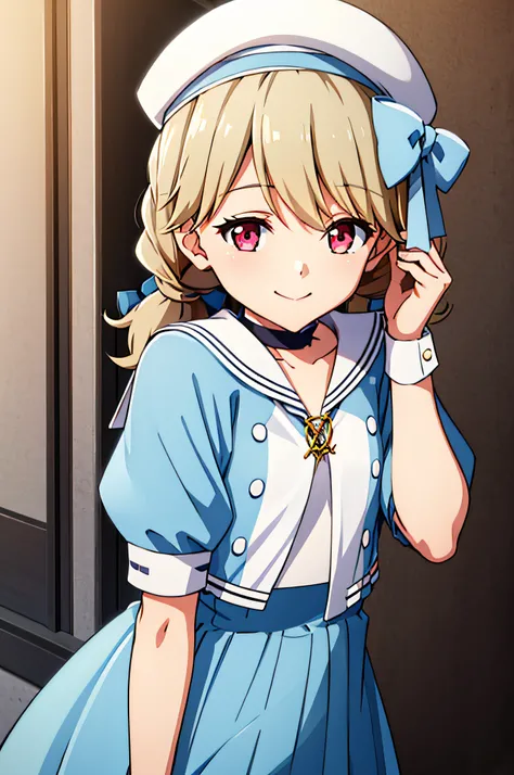 AATOTO, SHORT TWINTAILS, BRAID, BERET, WHITE HEADWEAR, HAT BOW, CHOKER, SAILOR COLLAR, BLUE DRESS, SHORT SLEEVES, WRIST CUFFS, 1girl, solo, upper body, facing viewer, looking at viewer, smile.