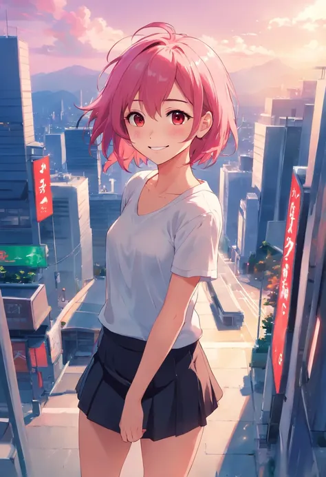 Anime girl smiling, pink hair, messy hair, short hair, red eyes, cute face, girlfriend look, white top, black short skirt, sensual pose, short stature