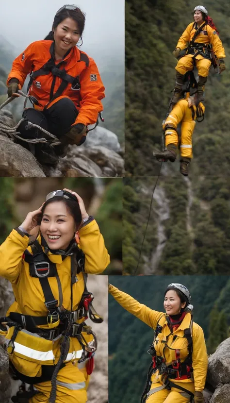 Beautuful Women，People who carry out rope rescue training，Rope rescue techniques，Rescue team,Rescue training, Asian climber, Extremely detailed, Full body photo,，超高分辨率，high detal，Cinematic lighting