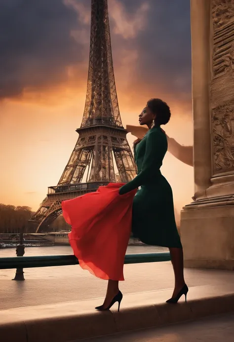 Imagine a 25-year-old woman with dark skin, of African descent in Paris, en France, debout devant la Tour Eiffel, wearing an elegant Parisian outfit. She captures the magic of the City of Light with a radiant smile