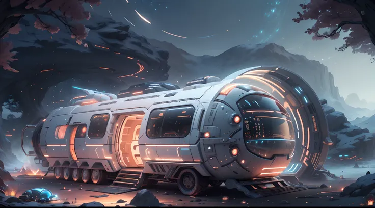 concept-art, best qualtiy，tmasterpiece，超高分辨率，photograph realistic：1.4， ultra-detailliert，[A futuristic(LunarPunkAI:RV),Colorful LED lights,Smooth curves,(streamlined line design)]。cozily, camping, Reflection,Surrounded by nature,lush landscape。