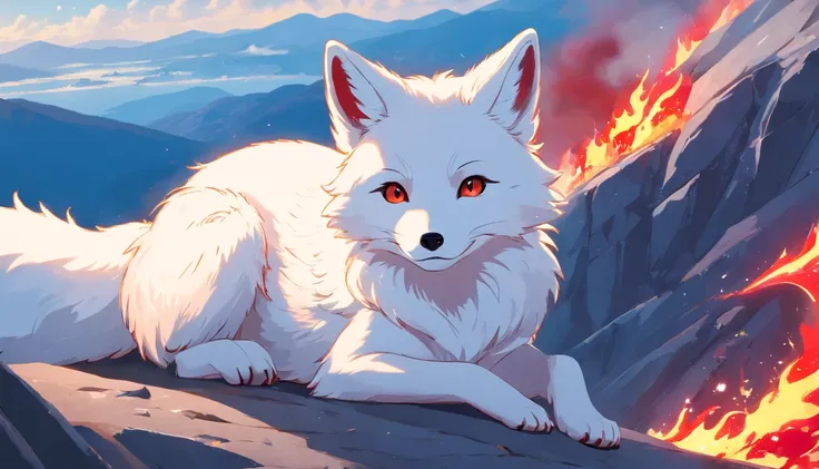 best quality, 8k, A small white fox with red flames on its body parts lies on top of the mountain