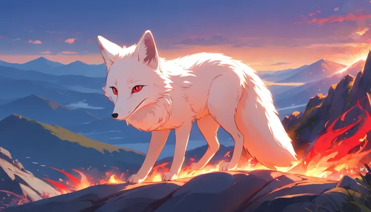 best quality, 8k, A small white fox with red flames on its body parts lies on top of the mountain