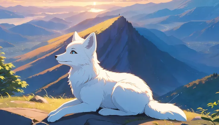 best quality, 8k, A small white fox is lying on the top of the mountain, looking into the distance, quiet and chill