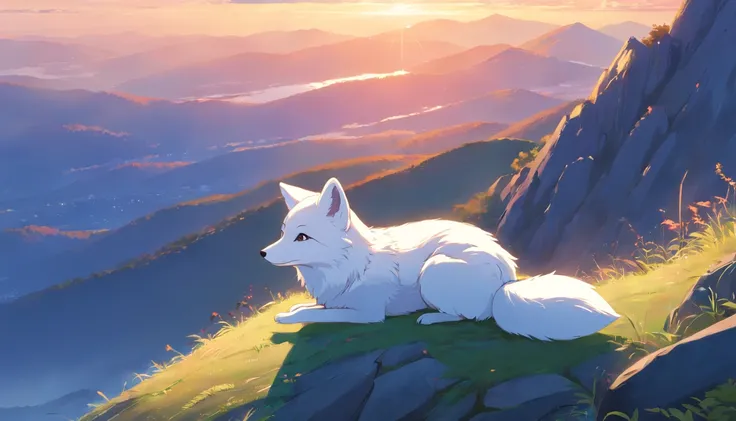 best quality, 8k, A small white fox is lying on the top of the mountain, looking into the distance, quiet and chill