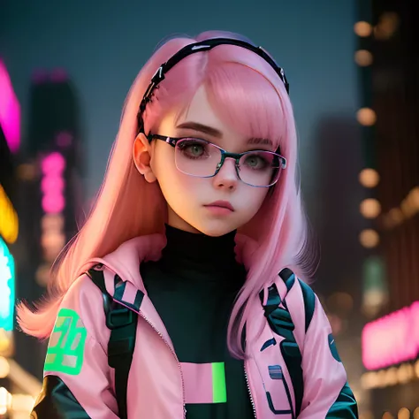 ((melhor qualidade)), ((obra-prima)), ((realista)) and ultra-detailed photography of a nerdy girl in gothic and neon colors. Ela tem ((cabelo pink)), usa uma jaqueta techwear e exala uma vibe ((Beautiful and Aesthetic)),