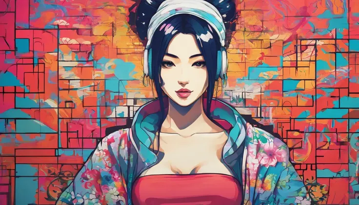 (hip hop scene) a hip hop confidant badass , fullbody traditional japanese porcelain geisha graffiti artist DealWithIt badass selfie pose on graffiti wall