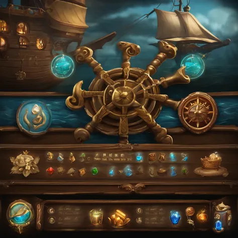 A close-up of a menu with a ship wheel and various icons, Interface do jogo, Interface do jogo, pirate setting, Jogo HUD, game ui asset design, Placa UI, arte do item, game icon asset, game icon stylized, Estilo de cor de Hearthstone, health bar hud, foto ...