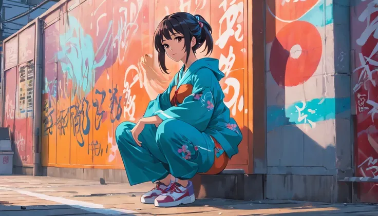 (hip hop scene) a hip hop style Japanese girl, full body traditional Japanese porcelain geisha graffiti artist DealWithIt posing on a graffiti wall