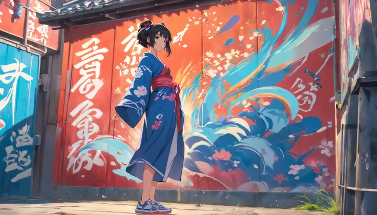 (hip hop scene) a hip hop style Japanese girl, full body traditional Japanese porcelain geisha graffiti artist DealWithIt posing on a graffiti wall