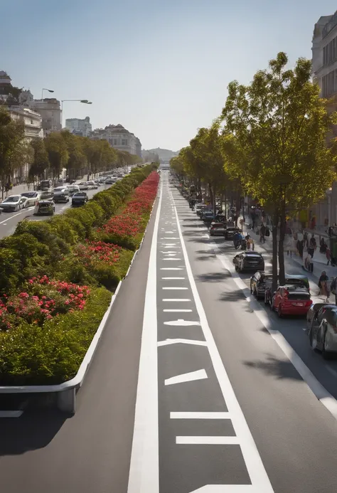 alta resolução, Ciclofaixa Central: The centerpiece of the project is the 8-meter-wide central bike lane. This bike lane is specially designed to accommodate cyclists, providing a safe and defined space for riding. Ground markings and clear signage will en...