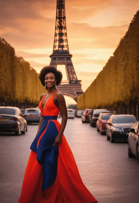 Imagine a 25-year-old woman with dark skin, dorigine africaine, this time in Paris, en France, debout devant la Tour Eiffel, wearing an elegant Parisian outfit. She captures the magic of the City of Light with a radiant smile