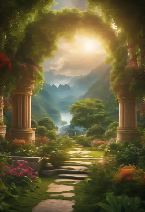 Visual representation of a heavenly paradise, with lush gardens and an atmosphere of eternal harmony, 8k