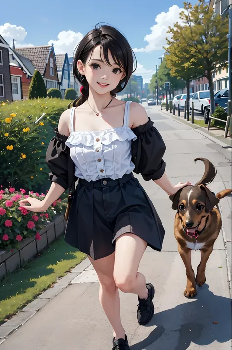 (in 8K, Best Quality, masterpiece:1.1, ultra detailed:1.2), ((realistic:1.3, photo realistic:1.5, dutch angle:1.2)), (1 cute Girl:1.5), ((Fine and beautiful black eyes:1.5)),(28yo),from the front,she is short brown hair,happy smile,(outdoor:1.2,park:1.2),c...