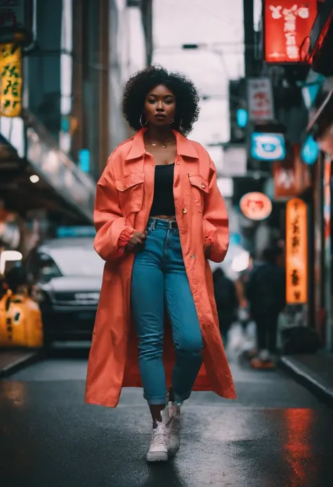 "Create a scene of a 25-year-old woman of African descent in Tokyo, au Japon, Dressed in a trendy streetwear style. She walks through the bustling neighborhoods of Shibuya, Surrounded by neon lights