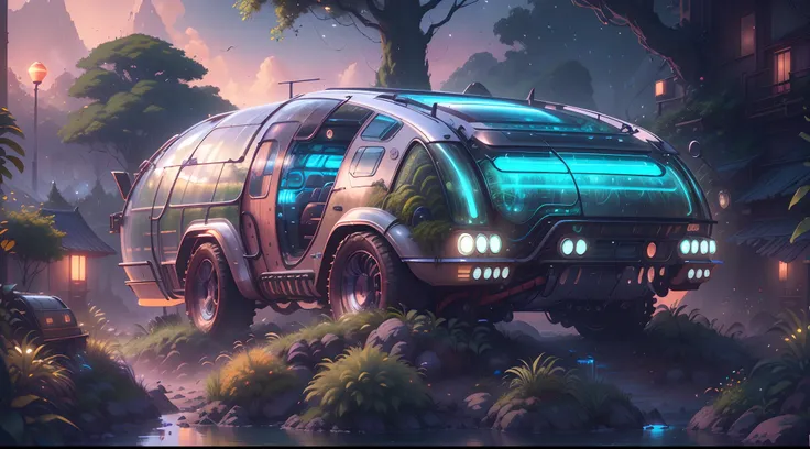 tmasterpiece，超高分辨率，photograph realistic：1.4， A detailed，A futuristic(SolarpunkAI:Campervan),Colorful LED lights,Smooth curves,(streamlined line design)。cozily, camping, vivd colour, Reflection,Surrounded by nature,lush landscape。concept-art, best qualtiy，