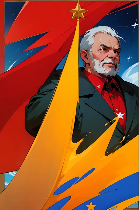 velho homem fazendo discurso. lula discursando. cartaz de propaganda. propaganda cmounista, Lone Star, estrela branca em fundo vermelho, foice e martelo cruzados, symbol of communism, Epic image, illustration, Worlds Best Poster