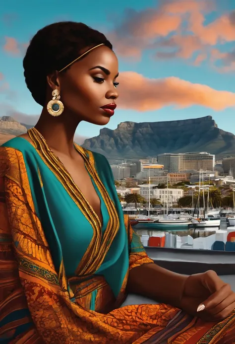 Generate an illustration of a 25-year-old woman of African descent in Cape Town, en Afrique du Sud, with the majestic Table Mountain in the background. Shes wearing casual attire for a day of discovery."