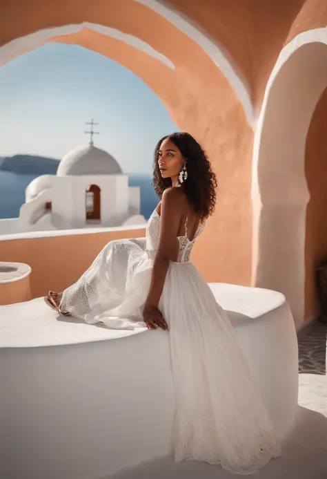 Imagine a 25-year-old woman of African descent in Santorini, in Greece, on a terrace overlooking the iconic white domes. She is dressed in a light dress and floats in the Mediterranean breeze