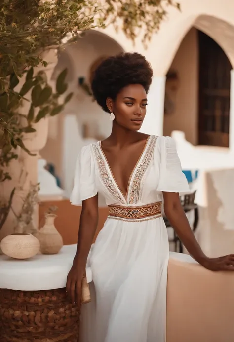 Imagine a 25-year-old woman of African descent in Santorini, in Greece, on a terrace overlooking the iconic white domes. She is dressed in a light dress and floats in the Mediterranean breeze