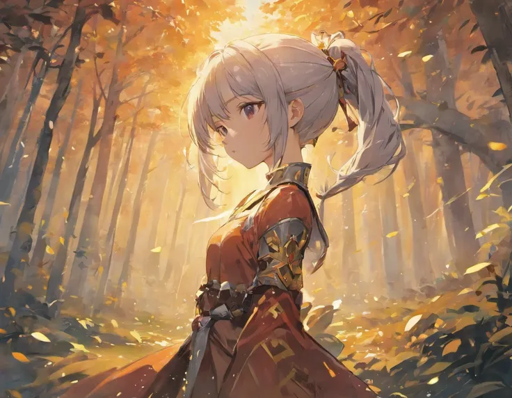 Ins style, Harajuku style, a pretty girl looking forward, light gray hair, a ponytail behind her hair and two falls in front of her face, she has a braid on the left side falling, she is wearing silver medieval armor, He wears a white bow, a background of ...