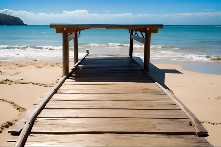 A perfect exotic beach scenery, 14 pm, wooden pontoon in the foreground, ((very low angle photo taken with the camera placed on the ground):1.2)