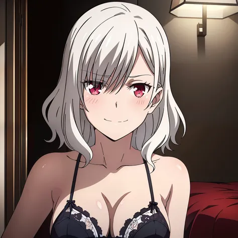 1girl,big breasts,hotel room,(8k),scratches,detailed face,white hair,red eyes,medium hair,embarassed,small smile face,high_res, high_definition,sexy pose,black sexy lingerie,