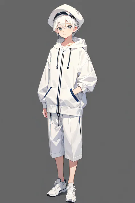 1boy, full body, , simple background, young,short height, dlrivery boy, white hair, with small cap, simple clothes, hoodie