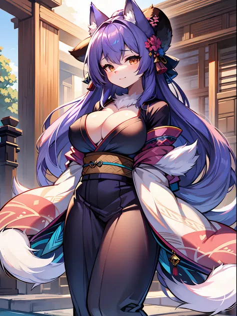 Furry, medium Boobs, Female, indigo fur, Kimono, fox girl, thicc, fluffy body