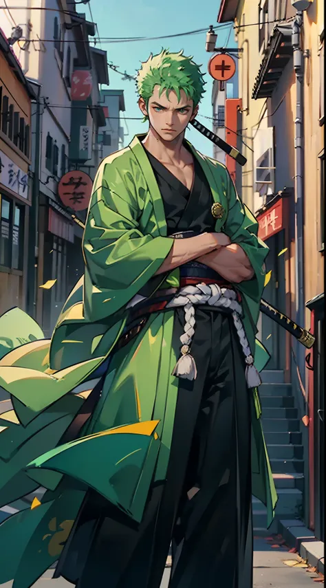 (4k quality),Roronoa (4k quality),Roronoa Zoro, 1 boy, kimono,  ((three swords at the waist)),