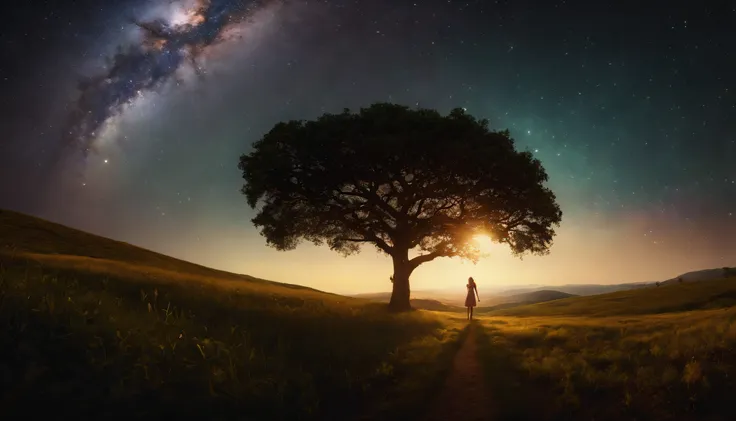 fotografia de paisagem expansiva , (a view from below that shows sky above and open field below), a girl standing on flower field looking up, (lua cheia:1.2), ( estrelas cadentes:0.9), (nebula:1.3), montanha distante, tree BREAK production art, (Fonte de L...