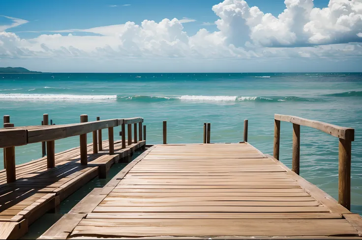 A perfect exotic beach scenery, 14 pm, wooden pontoon in the foreground, ((very low angle photo taken with the camera placed on the pontoon):1.2)