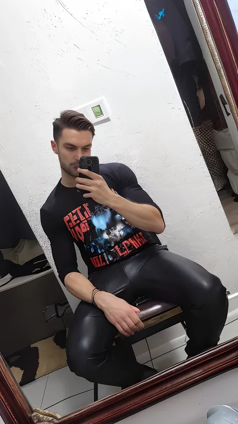 there is a man sitting on a stool taking a picture of himself, wearing black tight clothing, michal, twitch streamer / gamer ludwig, style of anton fadeev, 18 years old, skintight black clothes, profile image, wearing black sith uniform, wearing in black c...