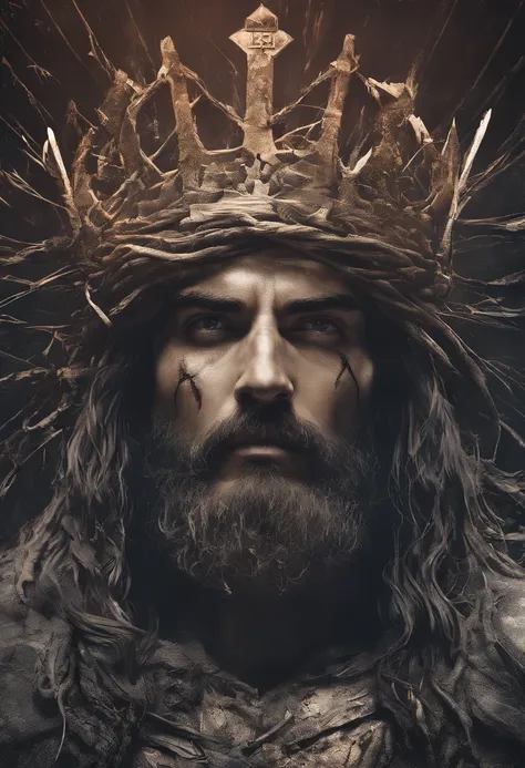 (melhor qualidade,alta resolução,ultra-detalhado),(Realistic,fotorrealista:1.37),(artistas conceituais, Retratos),(Pincelada ousada e expressiva),homem,Jesus Cristo,sorridente,crown of thorns on the head,cores vibrantes,Elementos surreais