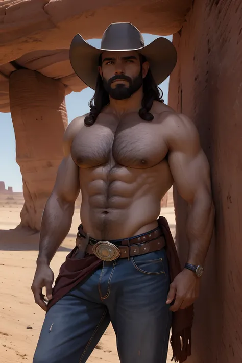 (SFW)Inspirado na linha John Buscema,1cowboy do velho oeste, manly, viril, barba por fazer, perdido no deserto enquanto os abutres o observam, seus olhos mostram fadiga, dramatic scene, Detailed scene with excellent lighting(SFW)