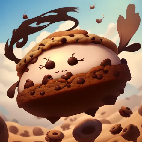 Floating in the air Anime Cartoon chocolate chip cookie with no arms or legs smiling and has a thick Arabic mustache wearing an Arabic tarboosh on the left side of its head