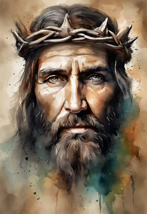 (melhor qualidade,alta resolução,ultra-detalhado),(Realistic,fotorrealista:1.37),(artistas conceituais, Retratos),(Pincelada ousada e expressiva),homem,Jesus Cristo,sorrindo,crown of thorns on the head,cores vibrantes,Elementos surreais