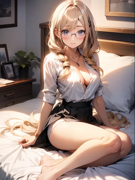 in 8K、top-quality、​masterpiece、ultra-detailliert、Ultra-high resolution、((1 persons))、girl with、a blond、makeups、耳Nipple Ring、a necklace、big round lens glasses、Medium chest、White shirt、Unbutton、cleavage of the breast、Sit on the bed、a miniskirt、((White panty)...