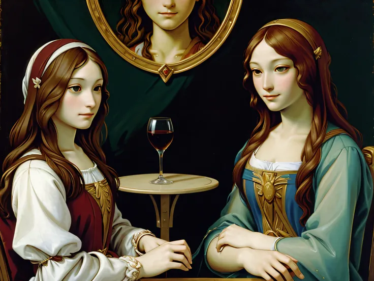 painting of two women sitting on a bench with a glass of wine, da vinci painting, leonardo da vinci painting, renaissance painting”, in style of sandro botticelli, renaissance painting, by Leonardo da Vinci, sandro botticelli. very soft, sandro botticelli ...