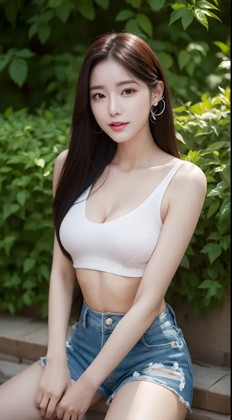 Realistic photos of (1 cute Korean star) antenna hair thin makeup, slightly smile, 32 inch breasts size,wearing crop top, shorts, sitting in garden, night, close-up portrait, UHD