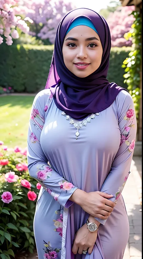 RAW, Best quality, high resolution, Masterpiece: 1.3), Beautiful Malay woman in hijab, Masterpiece, Perfect slim body, ((Big breasts)), Beautiful big eyes, water eyes, Soft smile, ((wearing tight purple pastel floral malay gamis with closed hijab)), simple...