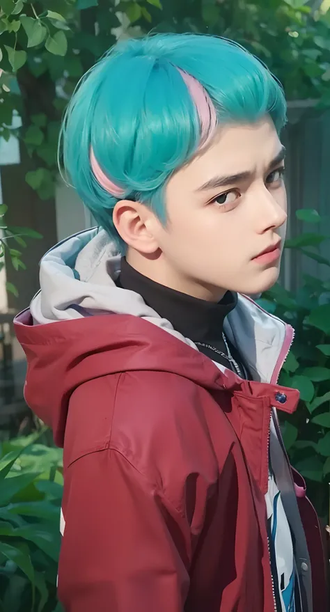 Real life adaption of this character,teen boy face, cool expression,realistic same hair blue and pink,(realistic same outfit), realistic background, hyper realistic, realistic light, realistic shadow, realism,(photorealistic:1.2), looking to viewer,