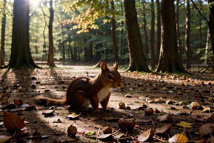 Realistic images、In the woods、Sunlight、Lots of fallen leaves、Lots of acorns、Cute squirrel with acorn