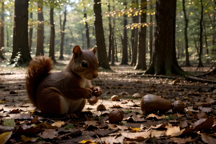 Realistic images、In the woods、Sunlight、Lots of fallen leaves、Lots of acorns、Cute squirrel with acorn