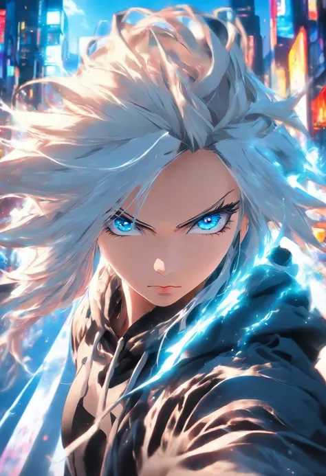 High quality, Ultra detailed, gojo satoru ((female version)), in black hoodie, Face behind the camera，((sexy)) Head facing the camera, Ultra photo realsisim, blue eyes, White hair, On the road, standing