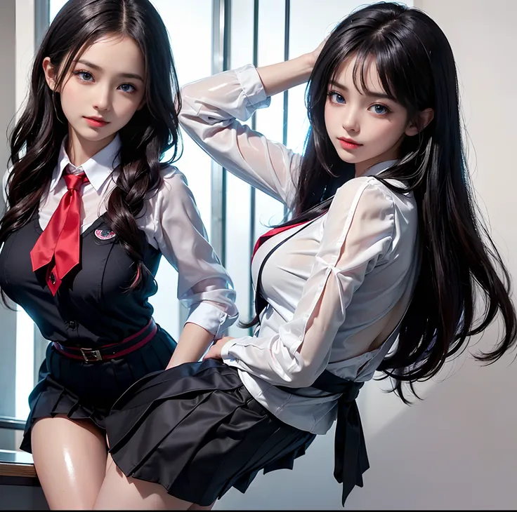 top-quality, ​masterpiece, (Professional lighting without shadows), A hyper-realistic, Bewitching, perfect anatomia, Two girls, (Girl proudly standing in front of camera shows off high school girl uniform ribbon ties, Another girl on the other side, Bend o...