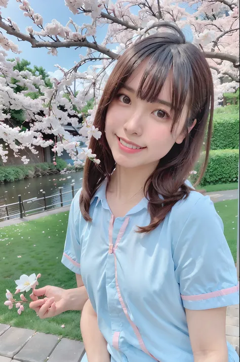 best quality, ultra high res, (photorealistic:1.4),blush,cute,(detailed face),light smile, 
looking at viewer,
upper body, japanese clothes, 
sunny,river,(cherry blossoms),blue sky,