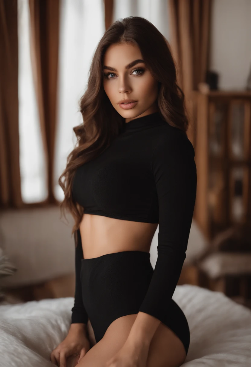 arafed woman with black clothes, sexy girl with brown eyes, portrait sophie mudd, huge breasts, brown hair and large eyes, selfie of a young woman, bedroom eyes, violet myers, without makeup, natural makeup, looking directly at the camera, face with artgra...