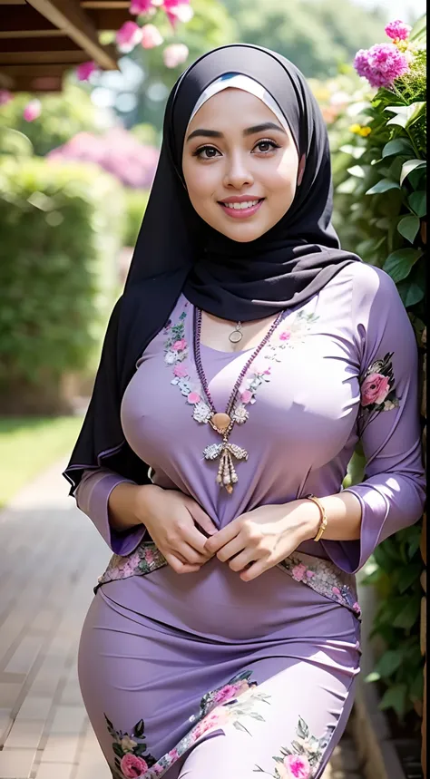 RAW, Best quality, high resolution, Masterpiece: 1.3), Beautiful Malay woman in hijab, Masterpiece, Perfect slim body, ((Big breasts)), Beautiful big eyes, water eyes, big eyes, bad face, ((wearing tight purple pastel floral malay gamis with closed hijab))...