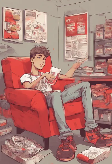 cartoon style drawing, a boy sitting on sofa in one hand has a mcdonald fries, in other hand holding mobile, wearing nike t-shirt, adidas shorts, and boots, and other products made by isreal around him, background a blast, red theme. --auto